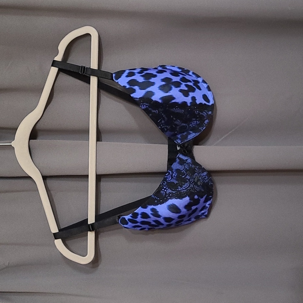 Smart & Sexy Womens Bra Black/Blue Cheetah Lightly Padded Adjustable Sz‎ 38C EUC